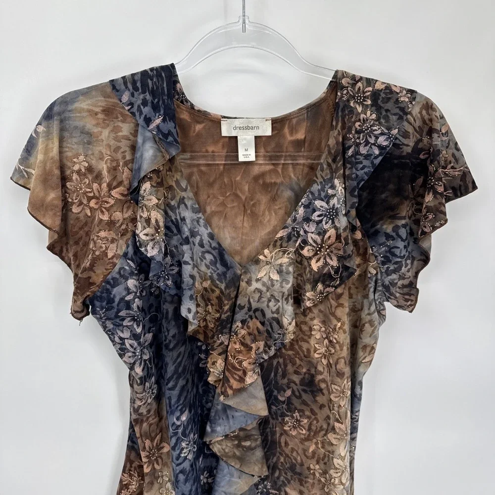 Vintage Y2K Dressbarn Top Womens Medium Brown Gray Grunge‎ Fairy Ruffle Sparkle
